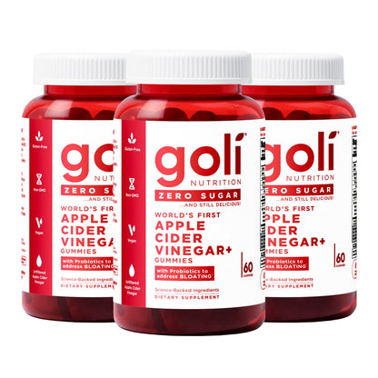 Goli Zero Sugar Apple Cider Vinegar Gummies with Probiotics & Vitamin B12 — 180 Count (3 Pack) | Vegan, Keto, Gluten Free