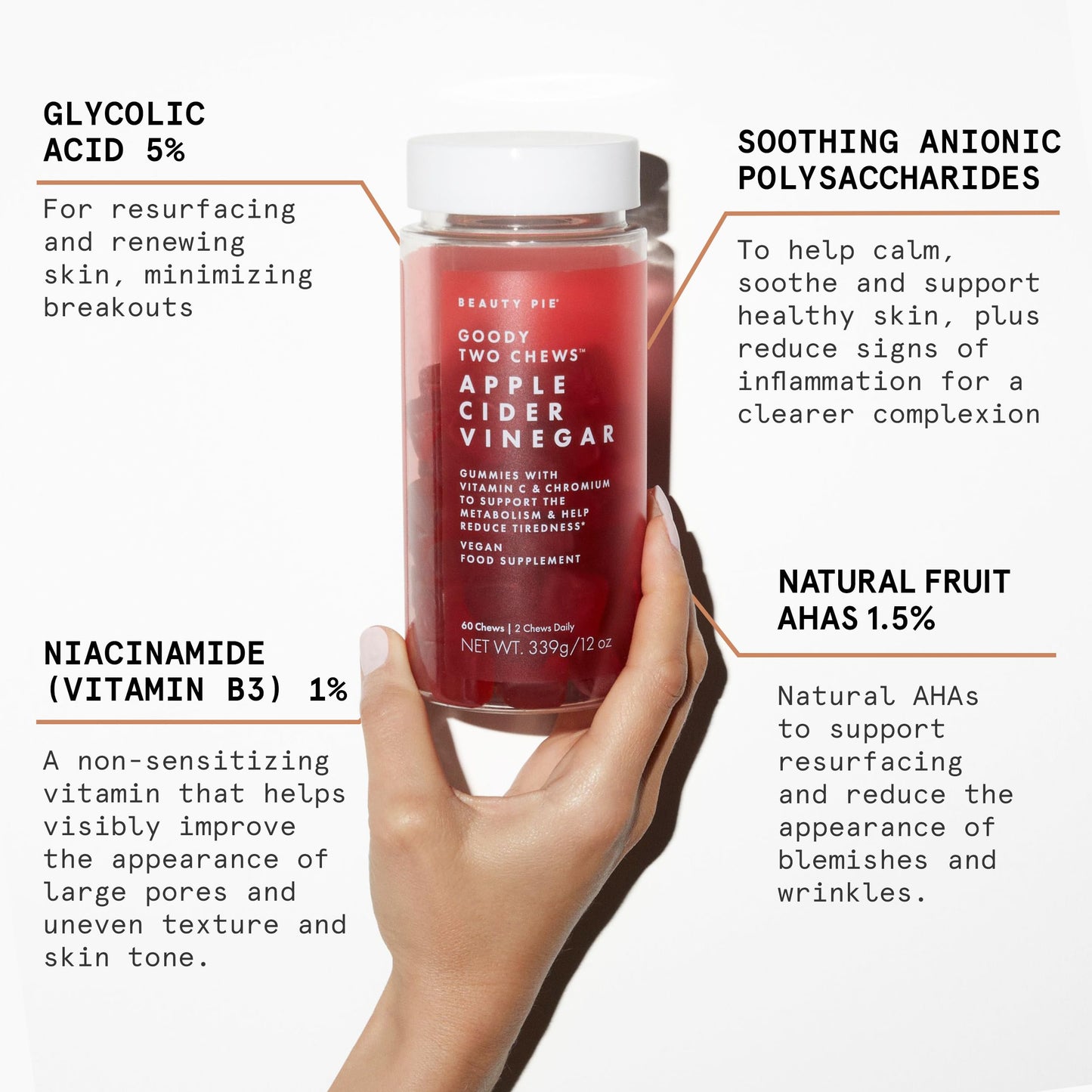 Beauty Pie Goody Two Chews Apple Cider Vinegar Gummies – ACV, Vitamin C & Chromium (60 Vegan Gummies)