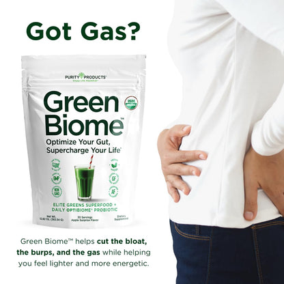 Green Biome Elite Organic Greens + OptiBiome Probiotic | Bloat Relief, Digestive Comfort, Regularity | Vegan, Gluten Free | Apple Flavor | 30 Servings