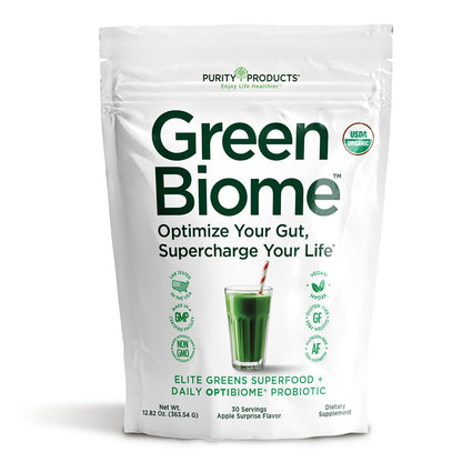 Green Biome Elite Organic Greens + OptiBiome Probiotic | Bloat Relief, Digestive Comfort, Regularity | Vegan, Gluten Free | Apple Flavor | 30 Servings