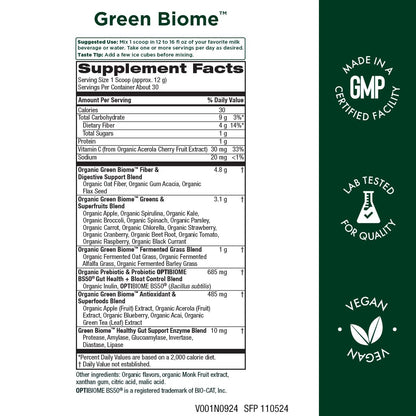 Green Biome Elite Organic Greens + OptiBiome Probiotic | Bloat Relief, Digestive Comfort, Regularity | Vegan, Gluten Free | Apple Flavor | 30 Servings