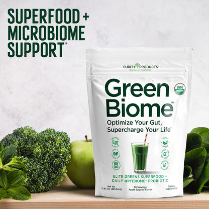 Green Biome Elite Organic Greens + OptiBiome Probiotic | Bloat Relief, Digestive Comfort, Regularity | Vegan, Gluten Free | Apple Flavor | 30 Servings