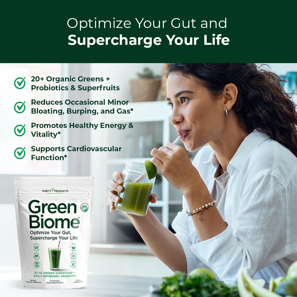 Green Biome Elite Organic Greens + OptiBiome Probiotic | Bloat Relief, Digestive Comfort, Regularity | Vegan, Gluten Free | Apple Flavor | 30 Servings