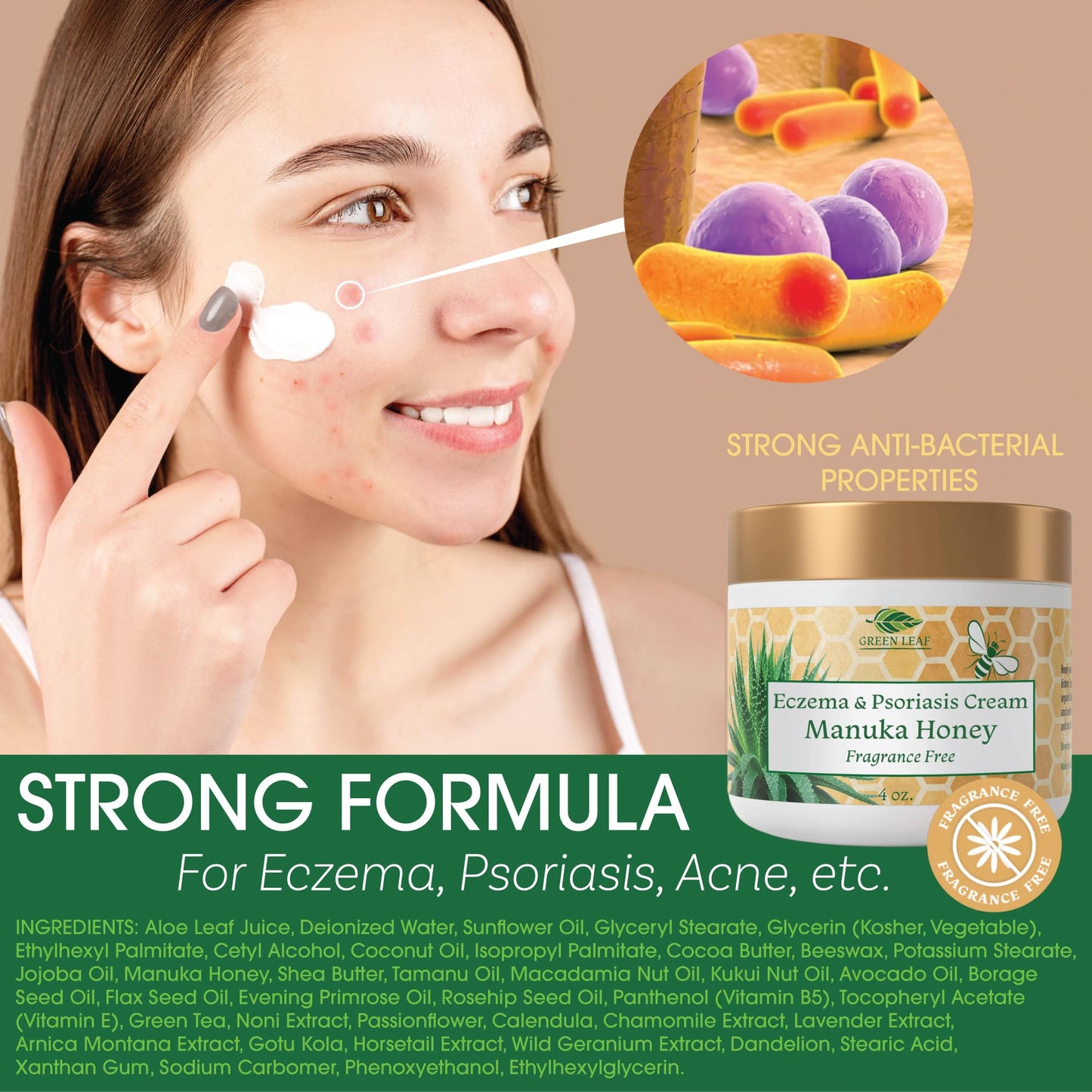 Green Leaf Naturals Manuka Honey Eczema Cream – Fragrance-Free Moisturizer for Dry, Itchy Skin (Body & Face) 4oz
