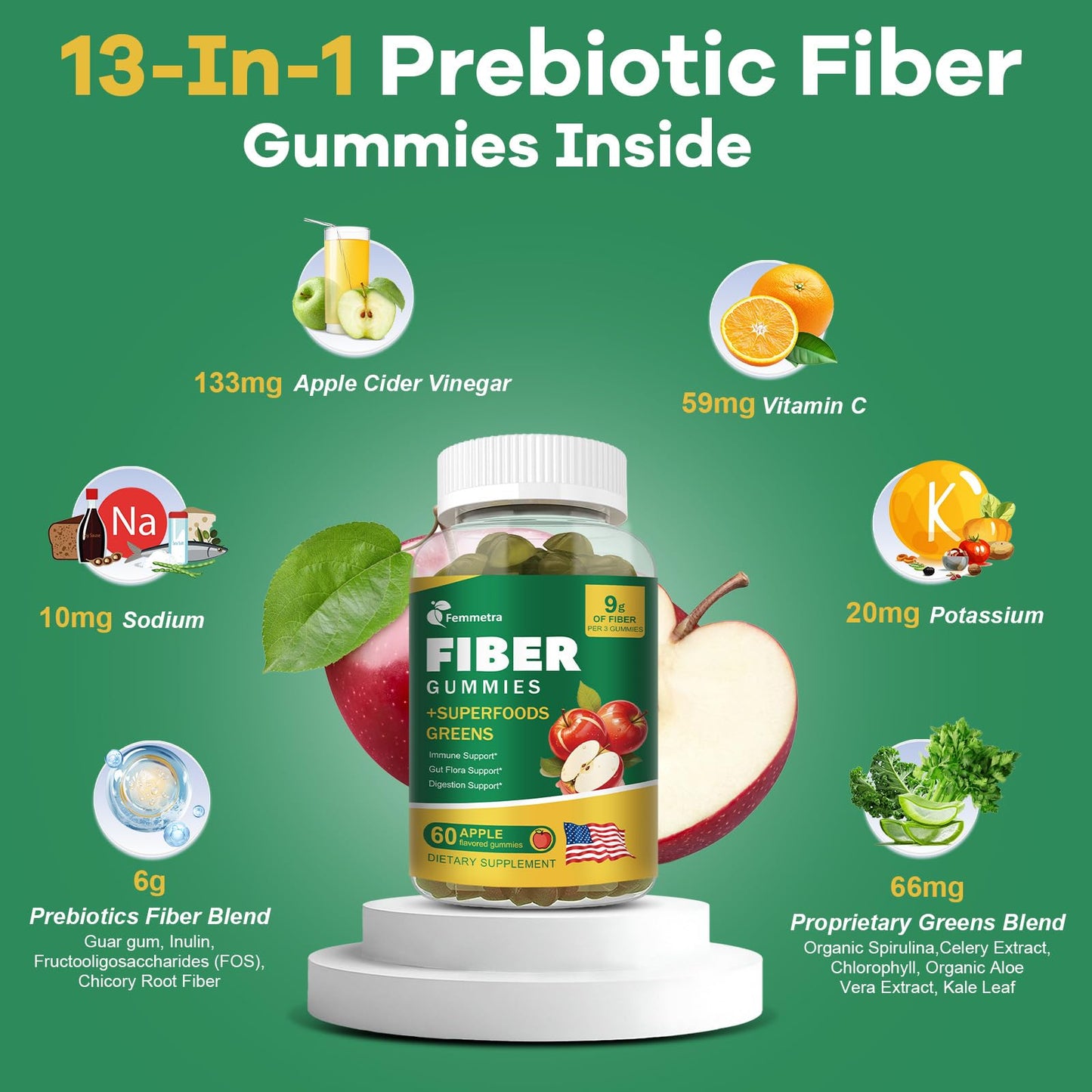 13-in-1 Prebiotic Fiber Gummies for Adults – Greens Blend, Inulin & ACV, Sugar Free Apple Flavor | 60 Vegan Gummies