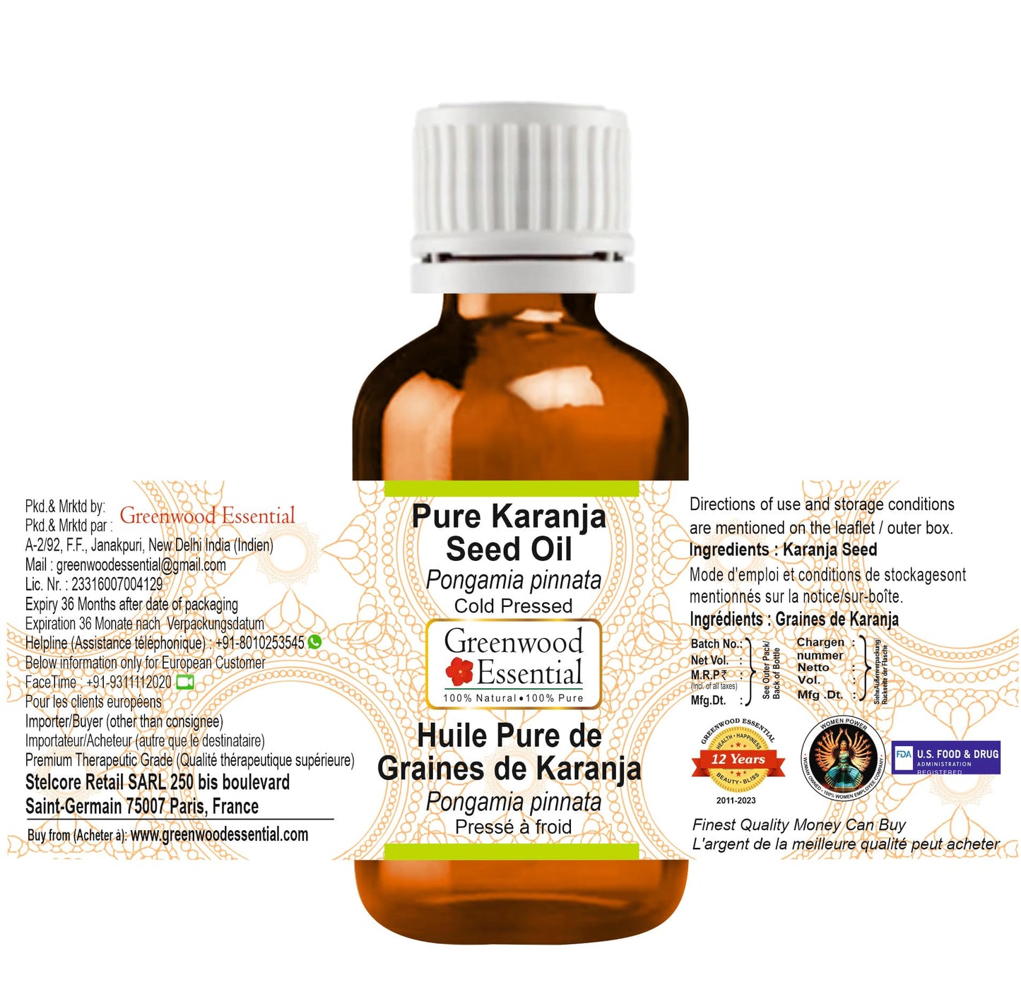 Greenwood Essential Karanja Seed Oil – Cold Pressed, Undiluted, 2x100ml | For Skin, Hair & Diluting Oils