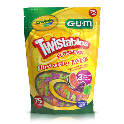 GUM Crayola Twistables Kids Flossers with Fluoride - 75 Count, 3 Flavors, Ages 3+