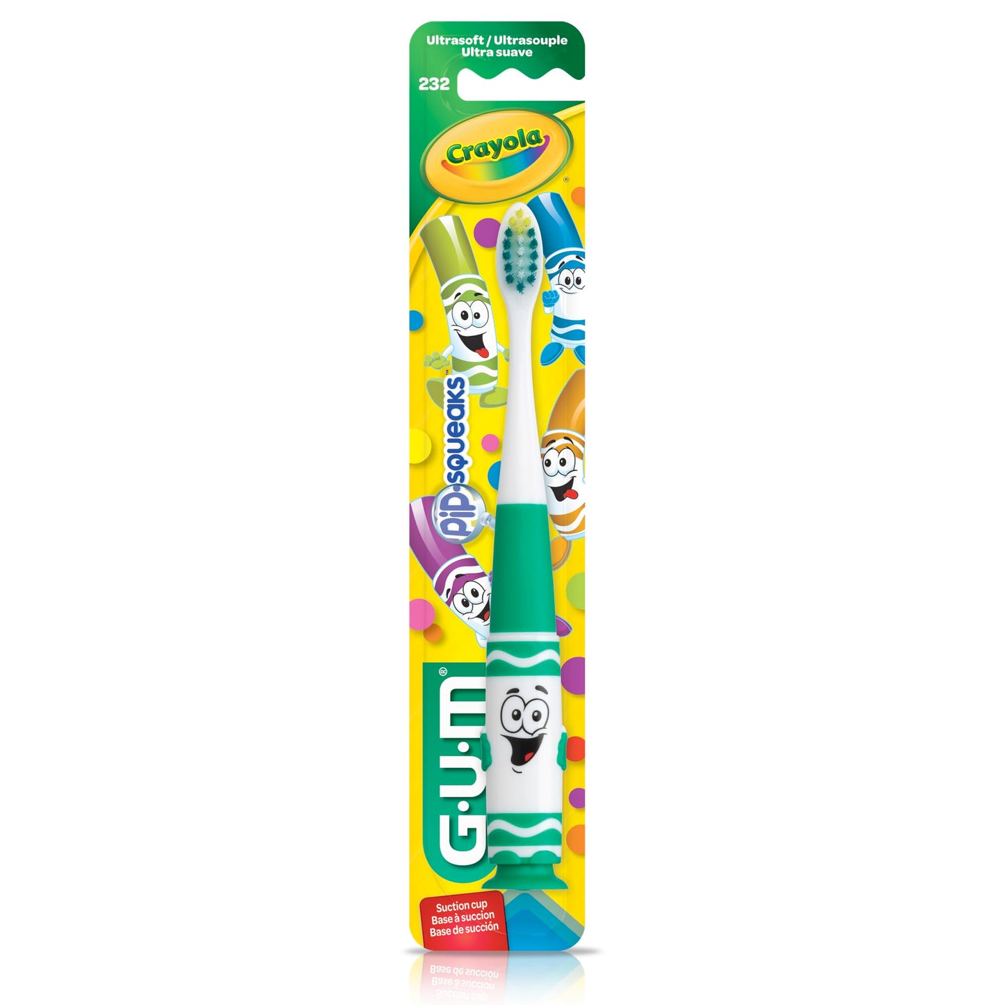 GUM Crayola Pip-Squeaks Kids' Manual Toothbrushes – Extra Soft Bristles, 3-5 Years, Suction Cup Base (Pack of 4)