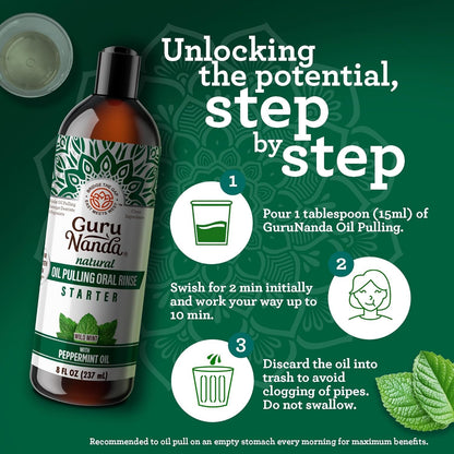 GuruNanda Starter Pulling Oil Mouthwash – Natural Teeth Whitening, Coconut & Peppermint, Alcohol-Free, 8 oz