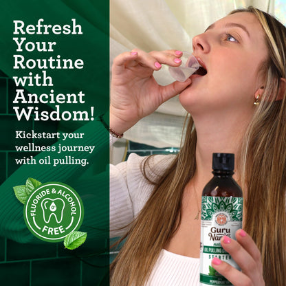 GuruNanda Starter Pulling Oil Mouthwash – Coconut & Peppermint, Alcohol-Free, 8 oz with Toothbrush & Tongue Scraper