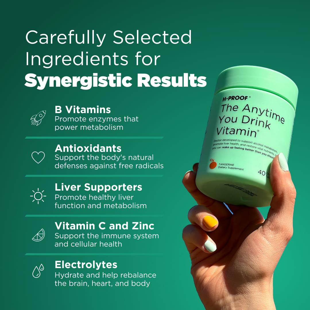 H-PROOF The Anytime You Drink Vitamin – Metabolism Support, Liver Health & Immunity with Electrolytes | 40 Chewable Tablets (Vegan, Tangerine)