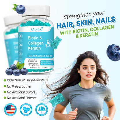 2 Pack Biotin Gummies with Collagen & Keratin for Hair Skin Nails - Women Men Kids - 120 Blueberry Flavored Gummies