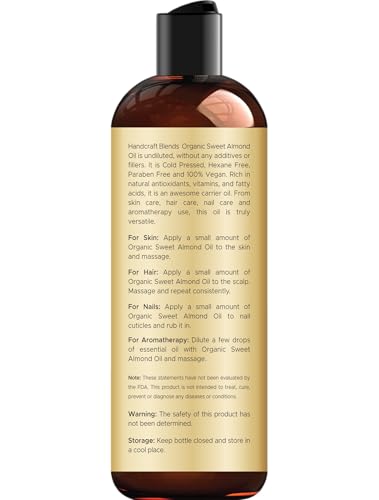 Handcraft Blends Organic Almond Oil 8oz | Pure & Natural Carrier Oil for Skin & Hair