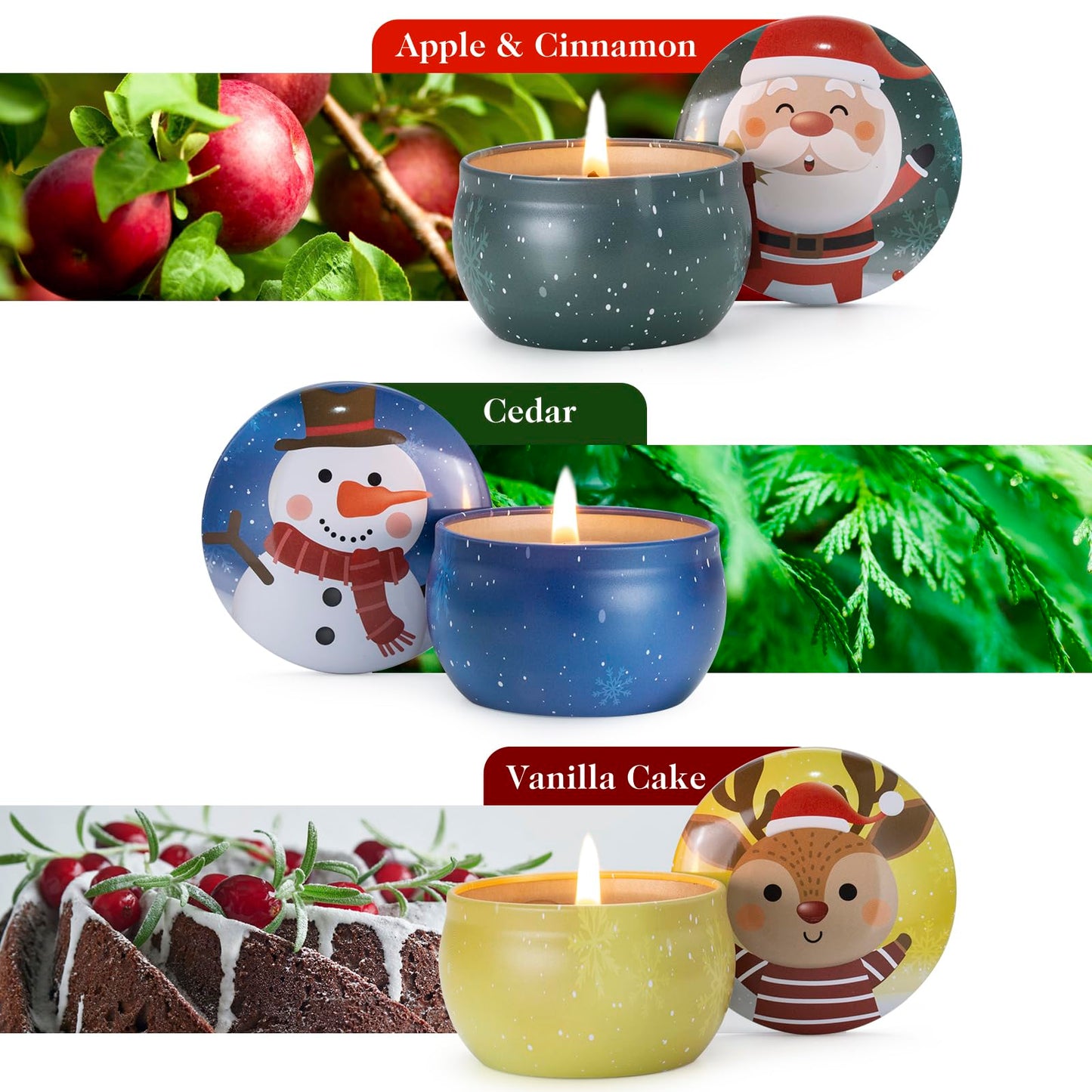 Hausware 3 Pack Scented Candles – Soy Wax, 72H Burn Time, Apple Cinnamon, Cedar & Vanilla Cake