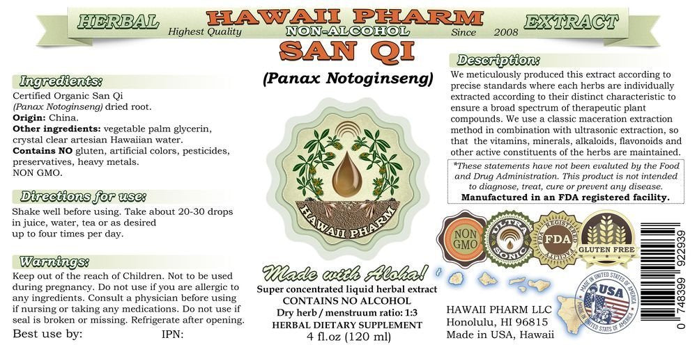 Hawaii Pharm San Qi (Tian Qi) Alcohol-Free Liquid Extract - 2 fl oz USA