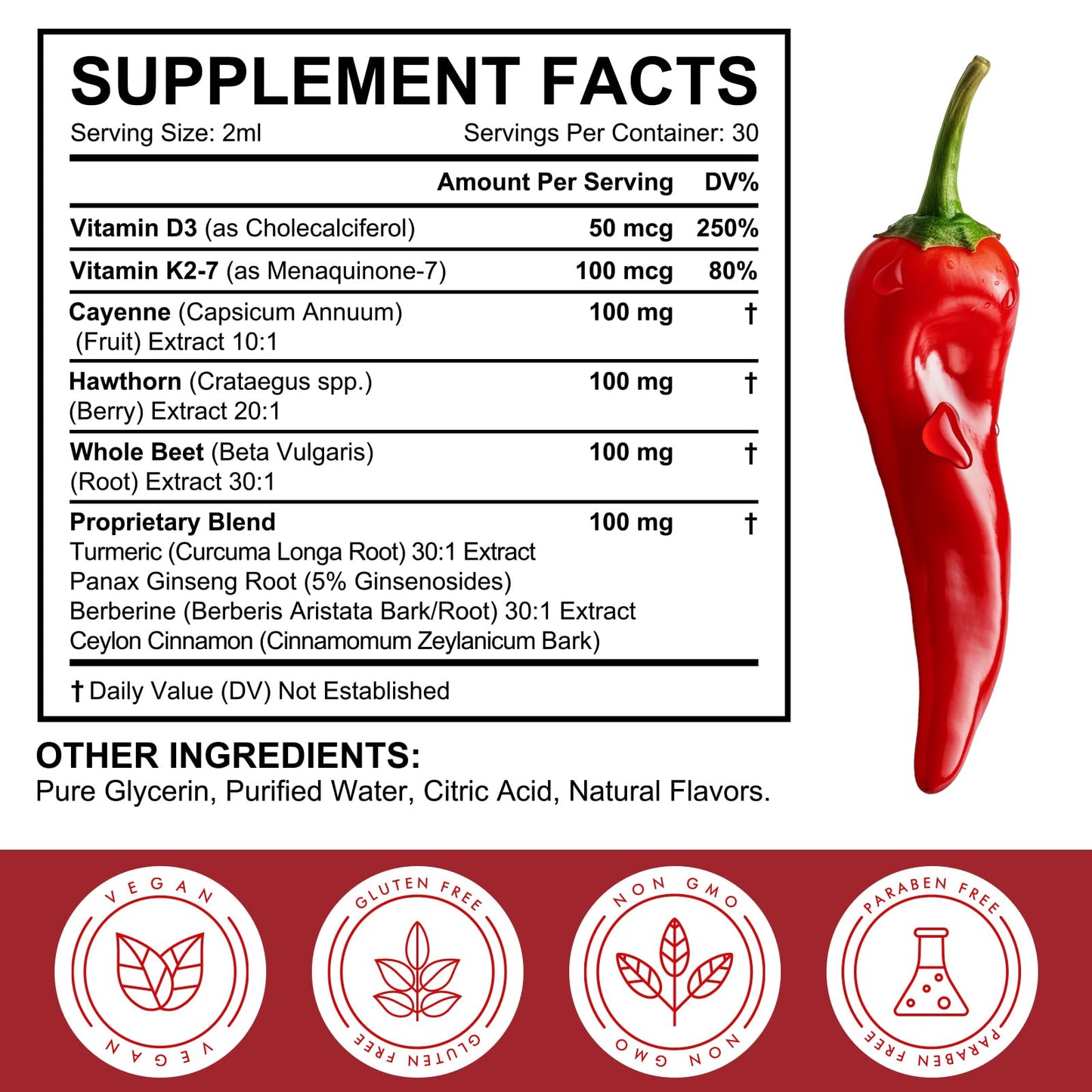 Cayenne Pepper Drops with Hawthorn Berry, Vitamin K2 D3, Beetroot & Turmeric | Vegan Health Supplement 60ml