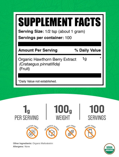 BulkSupplements Hawthorn Berry Extract Powder – Herbal & Gluten Free (100 g, 1 g/serving)