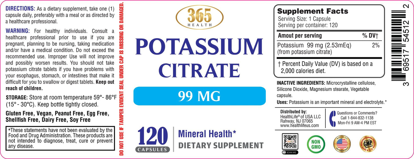 Potassium Citrate Capsule - Essential Electrolyte Support for Nerve, Muscle & Heart Health | 120 Capsules (Pack of 2)