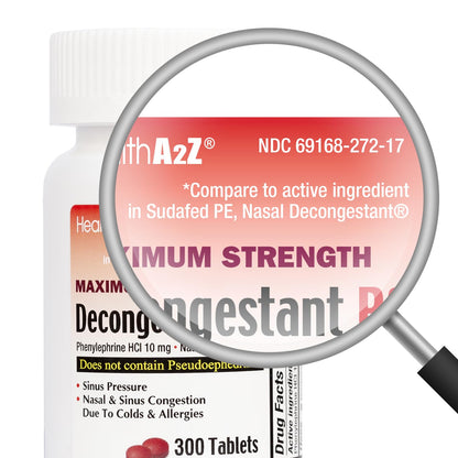 HealthA2Z Decongestant PE | Phenylephrine HCl 10 mg | Maximum Strength Nasal & Sinus Relief (300 Count, Pack of 2)