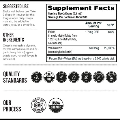 Organic Methyl Folate 1000 mcg + Methyl B12 Cofactor | Sublingual Berry Liquid (1oz) | 300 Servings | 5-MTHF
