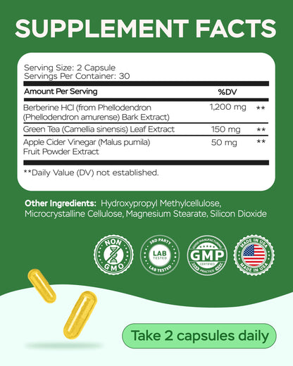 Berberine HCL Supplement - Triple Strength GLP-1 Activator with Apple Cider Vinegar & Green Tea Extract - Body Composition Support, Digestive Health, Support Heart Health, Immune System (60 Capsules)