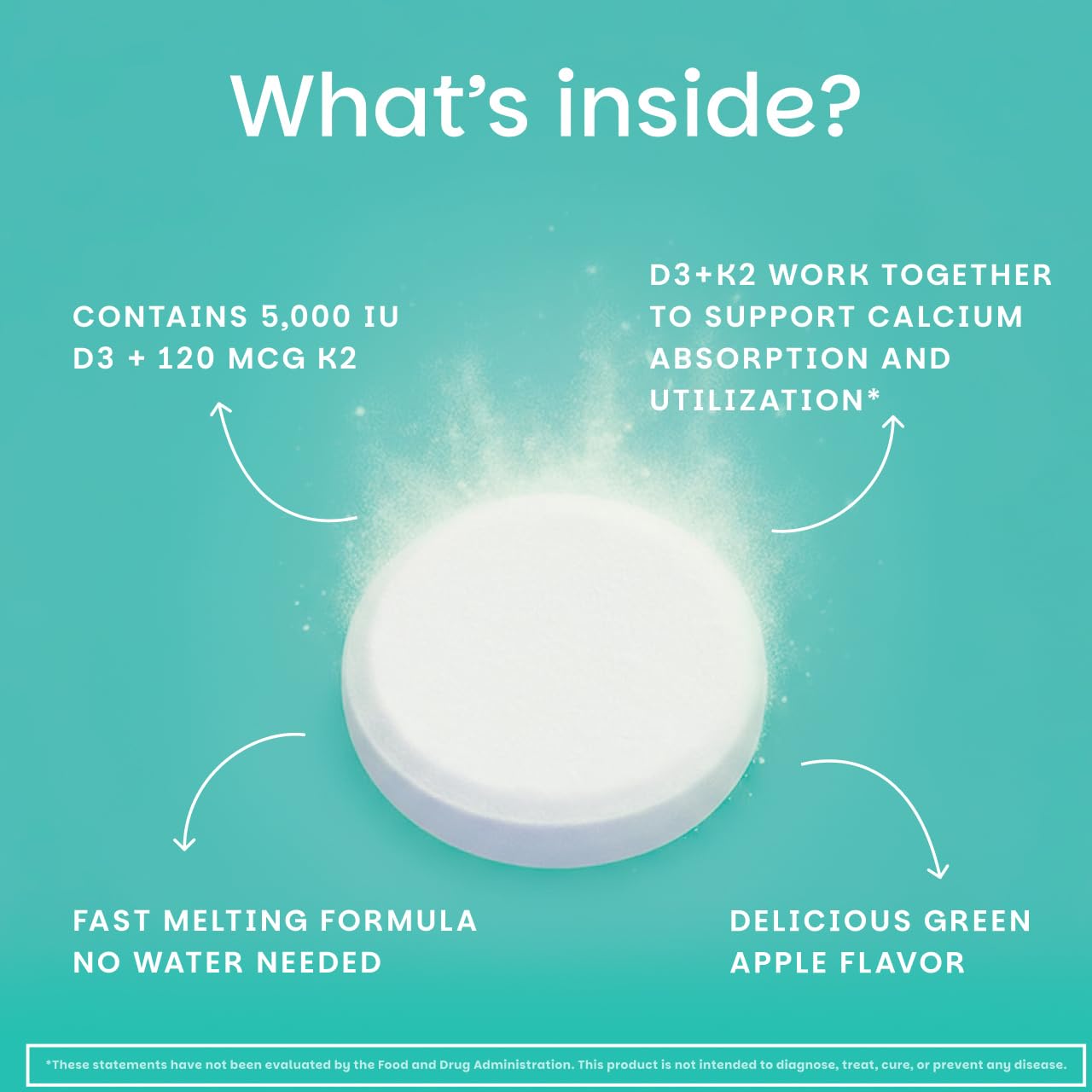 EZ Melts D3 + K2 5000 IU – Vegan, Non-GMO, Green Apple, 90 Tablets