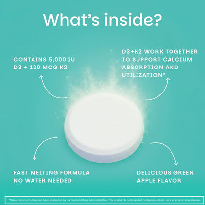 EZ Melts D3 + K2 5000 IU – Vegan, Non-GMO, Green Apple, 90 Tablets