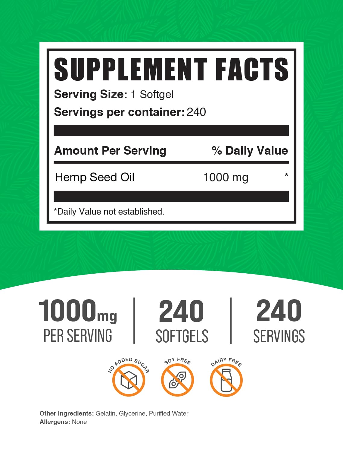 Hemp Seed Oil Softgels 1000mg – Omega-3, Gluten Free | 240 Count