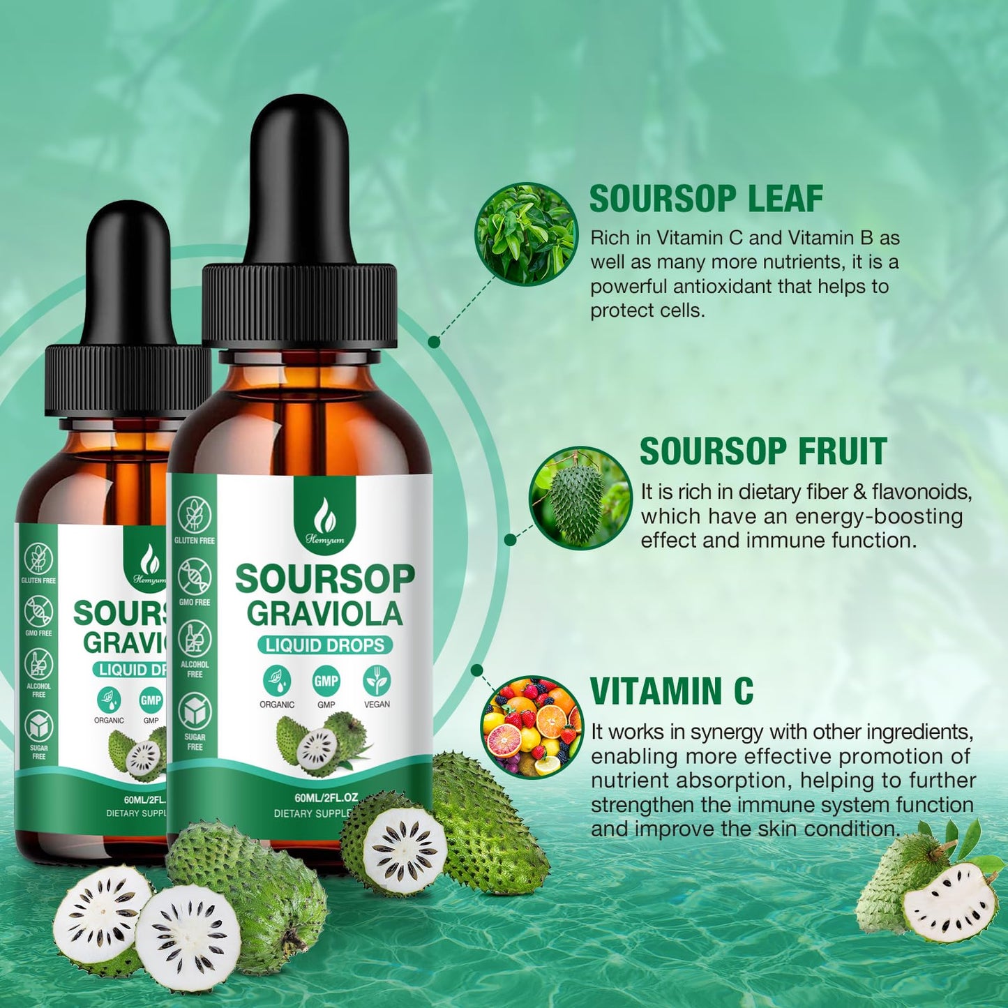 Hemyum Soursop Bitters Liquid – 2 Pack, 7-in-1 Graviola Drops with Sea Moss