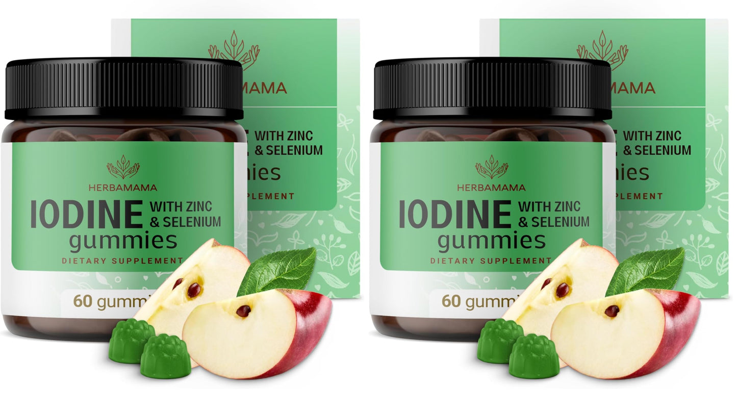 HERBAMAMA Iodine Gummies – Potassium Iodine, Zinc & Selenium for Immune Support & Brain Health | Vegan, Non-GMO | 60 Apple-Flavored Chews (Pack of 2)