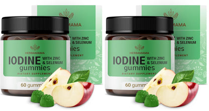 HERBAMAMA Iodine Gummies – Potassium Iodine, Zinc & Selenium for Immune Support & Brain Health | Vegan, Non-GMO | 60 Apple-Flavored Chews (Pack of 2)