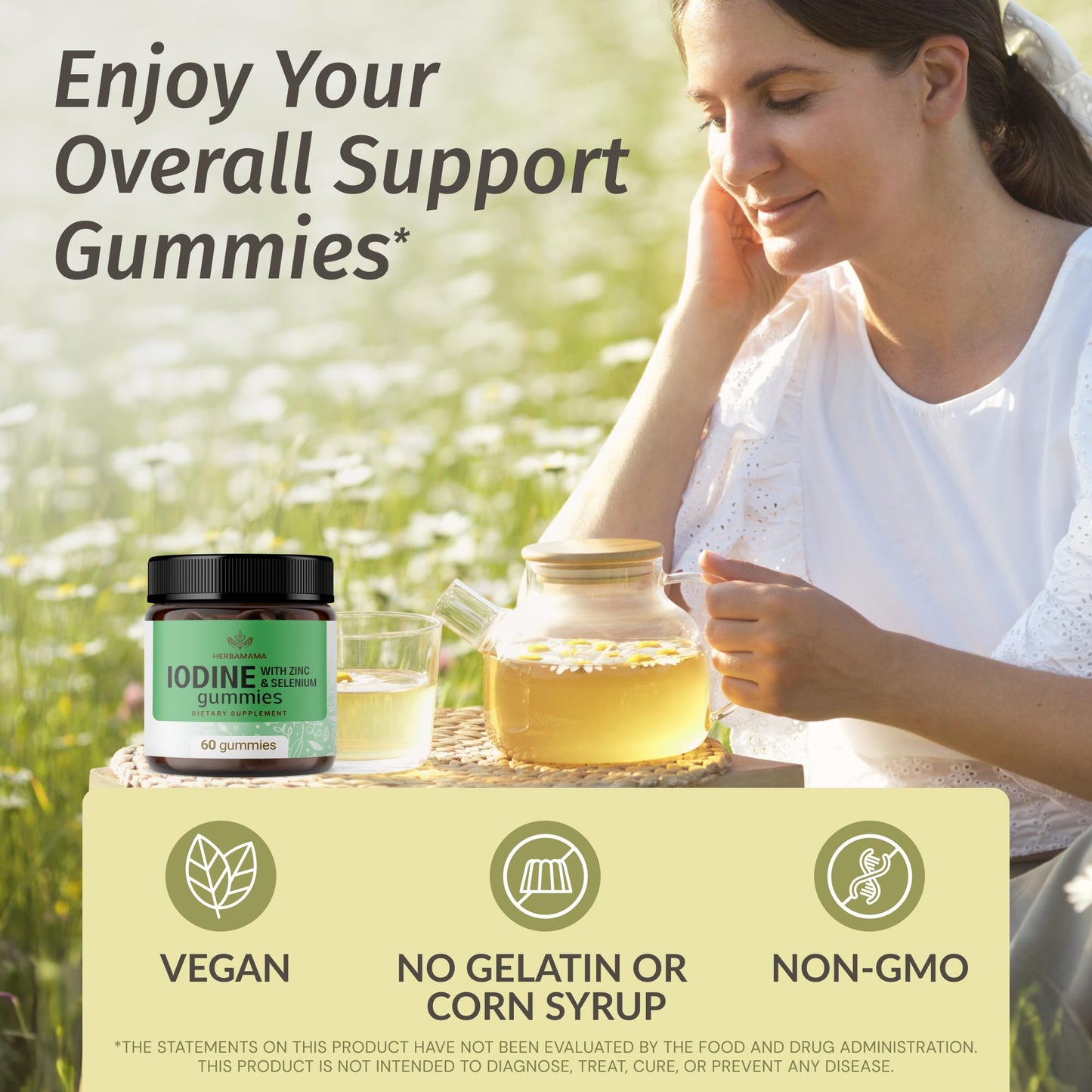 HERBAMAMA Iodine Gummies – Potassium Iodine, Zinc & Selenium for Immune Support & Brain Health | Vegan, Non-GMO | 60 Apple-Flavored Chews (Pack of 2)