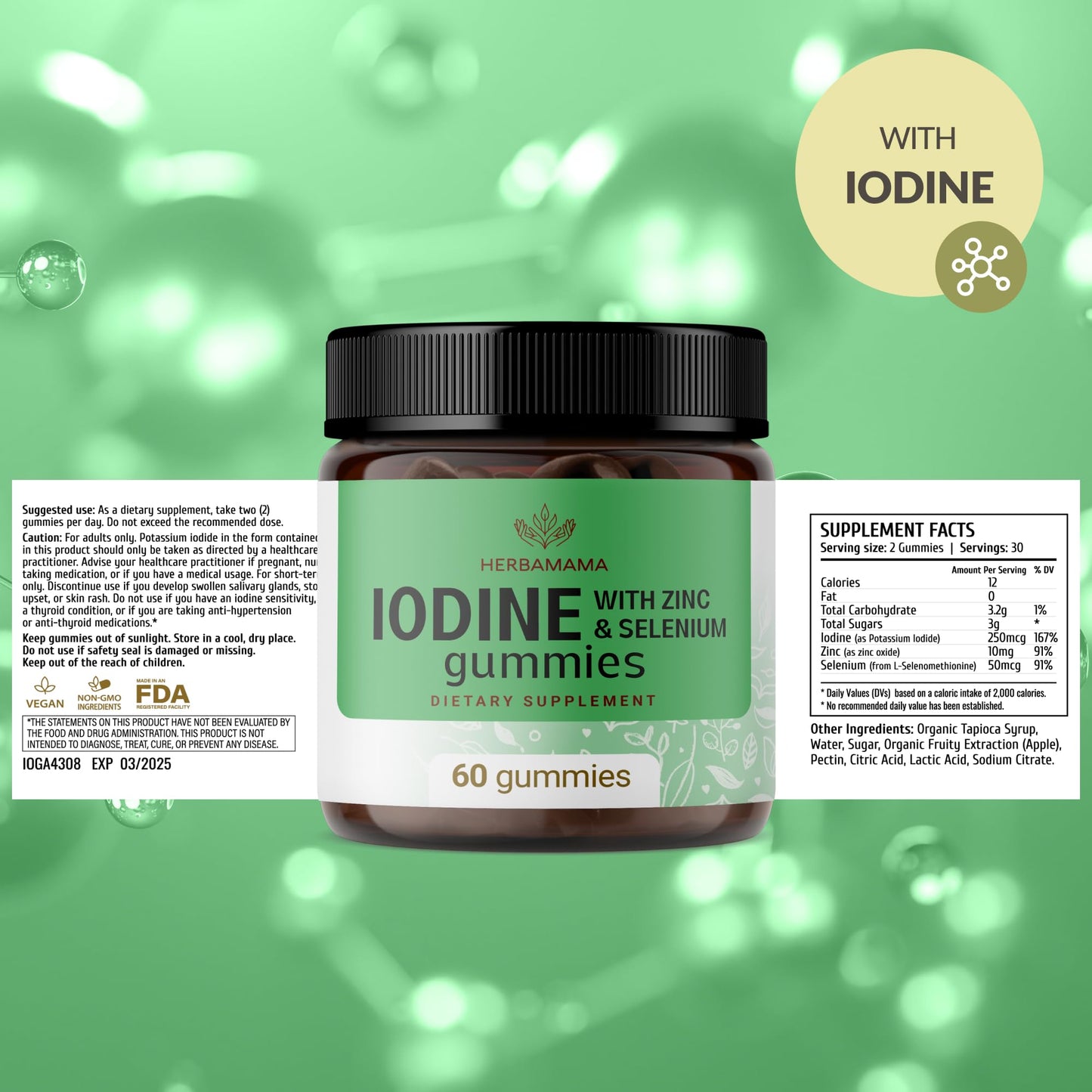 HERBAMAMA Iodine Gummies – Potassium Iodine, Zinc & Selenium for Immune Support & Brain Health | Vegan, Non-GMO | 60 Apple-Flavored Chews (Pack of 2)