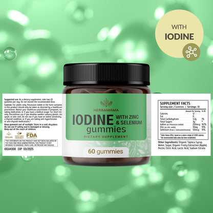 HERBAMAMA Iodine Gummies – Potassium Iodine, Zinc & Selenium for Immune Support & Brain Health | Vegan, Non-GMO | 60 Apple-Flavored Chews (Pack of 2)