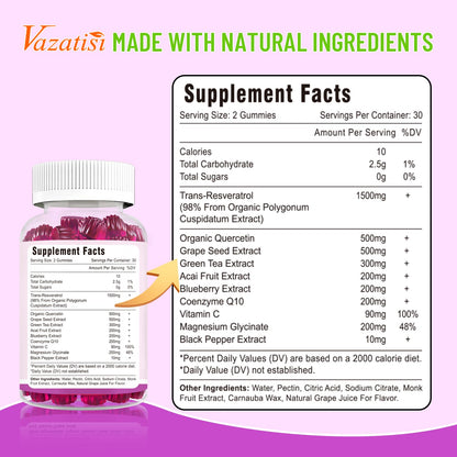 High Purity Resveratrol Gummies, 98% Trans-Resveratrol with Quercetin, Coq 10, Vitamin C, Reservatrol Supplement for Antioxidant, Anti-Aging, 60 Gummies