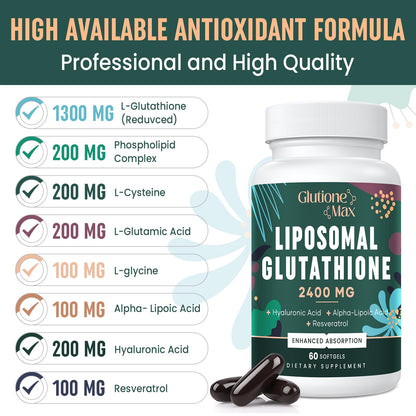 8-in-1 Liposomal Glutathione 2400 MG – High-Absorption Antioxidant Formula (120 Softgels) with Hyaluronic Acid, Alpha-Lipoic Acid & Resveratrol