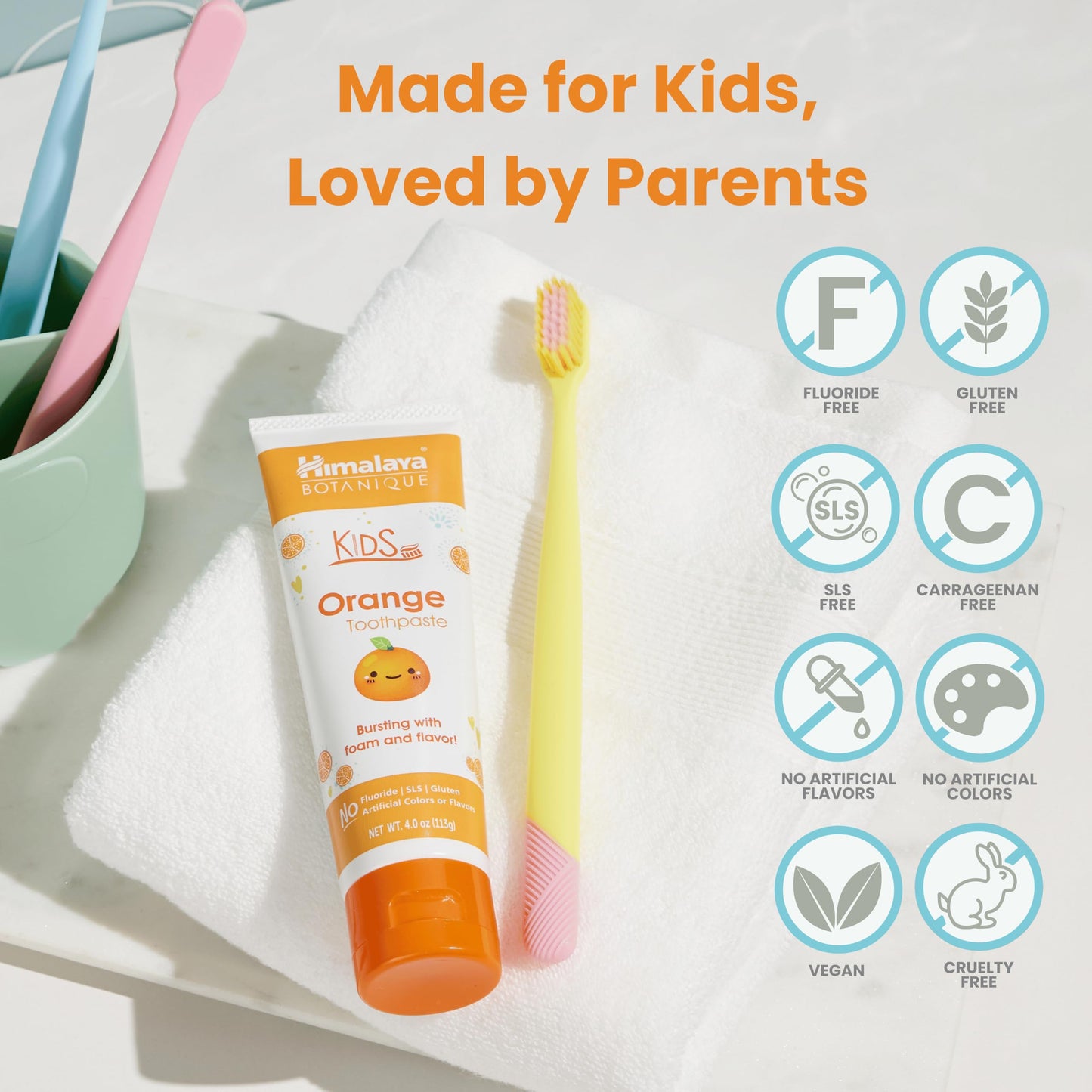 Himalaya Botanique Kids Toothpaste – Herbal Orange Flavor, Fluoride Free, SLS Free, Vegan | 4 Oz x 4 Pack
