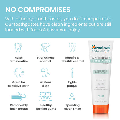 Himalaya Botanique Whitening + Hydroxyapatite Toothpaste, Mint Flavor - Nano Hydroxyapatite to Support Remineralization and Restore Enamel to Strengthen Teeth - Vegan, Gluten Free, 4 oz (Pack of 4)