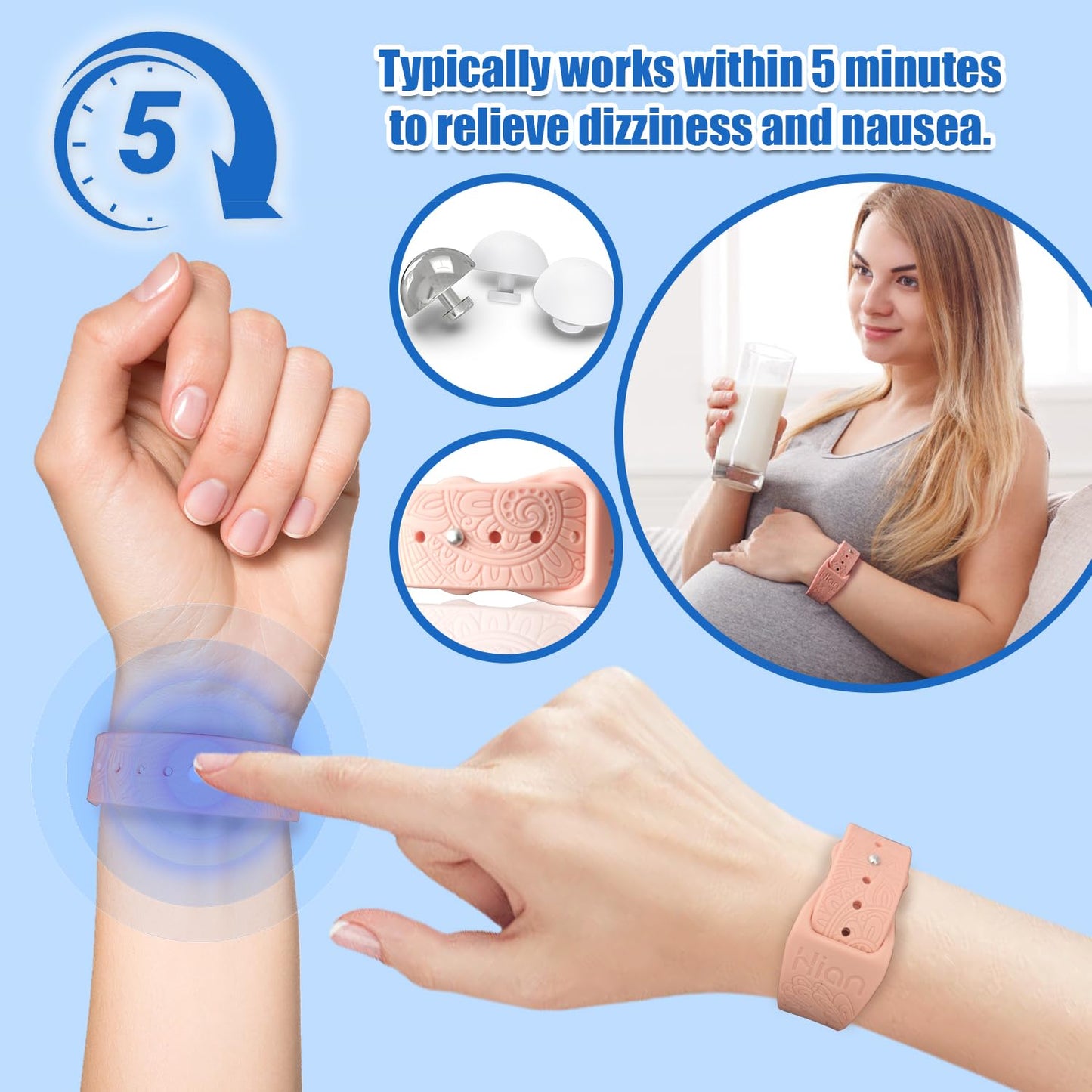 Hion Motion Sickness Bracelets – Natural Acupressure Nausea Bands (2 Pairs, Blue + Pink)