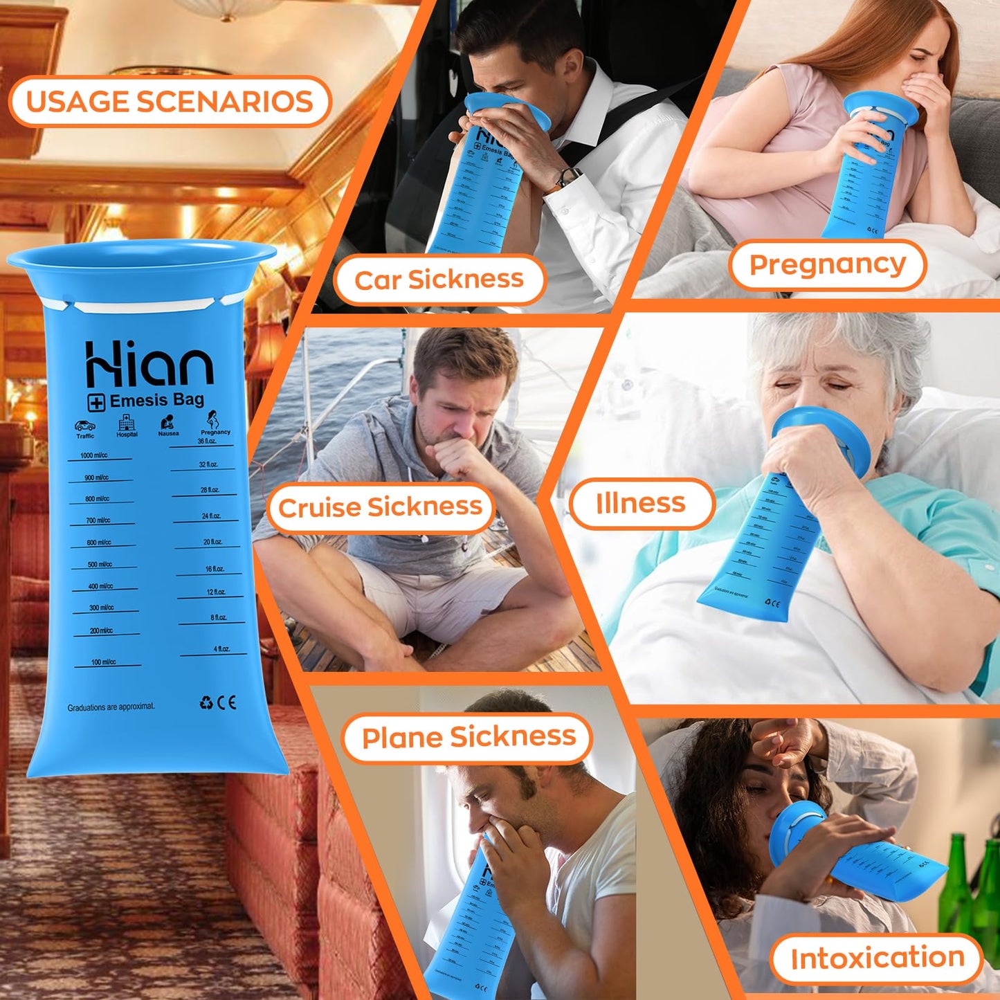 Hion Vomit Bags Disposable – 200 Pack 1000ml, Leak-Resistant & Portable