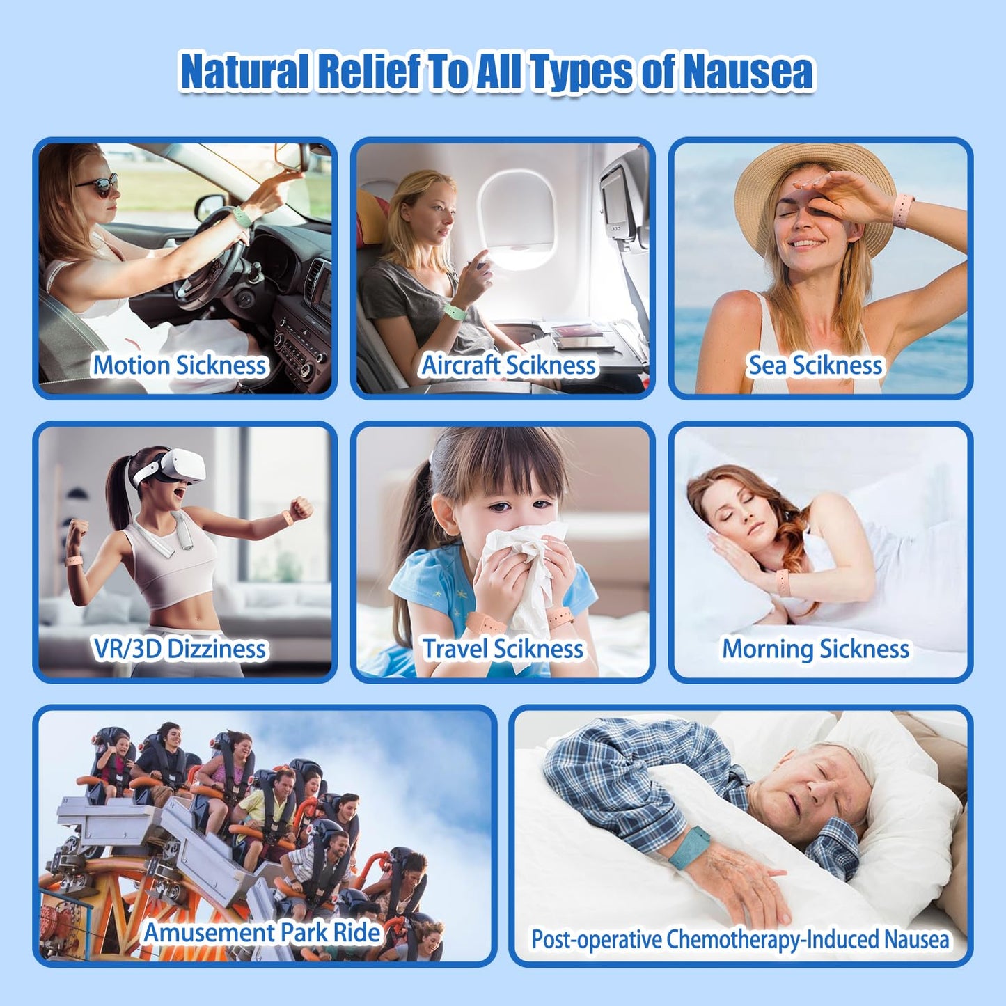 Hion Motion Sickness Bracelets – Natural Acupressure Nausea Bands (2 Pairs, Blue + Pink)