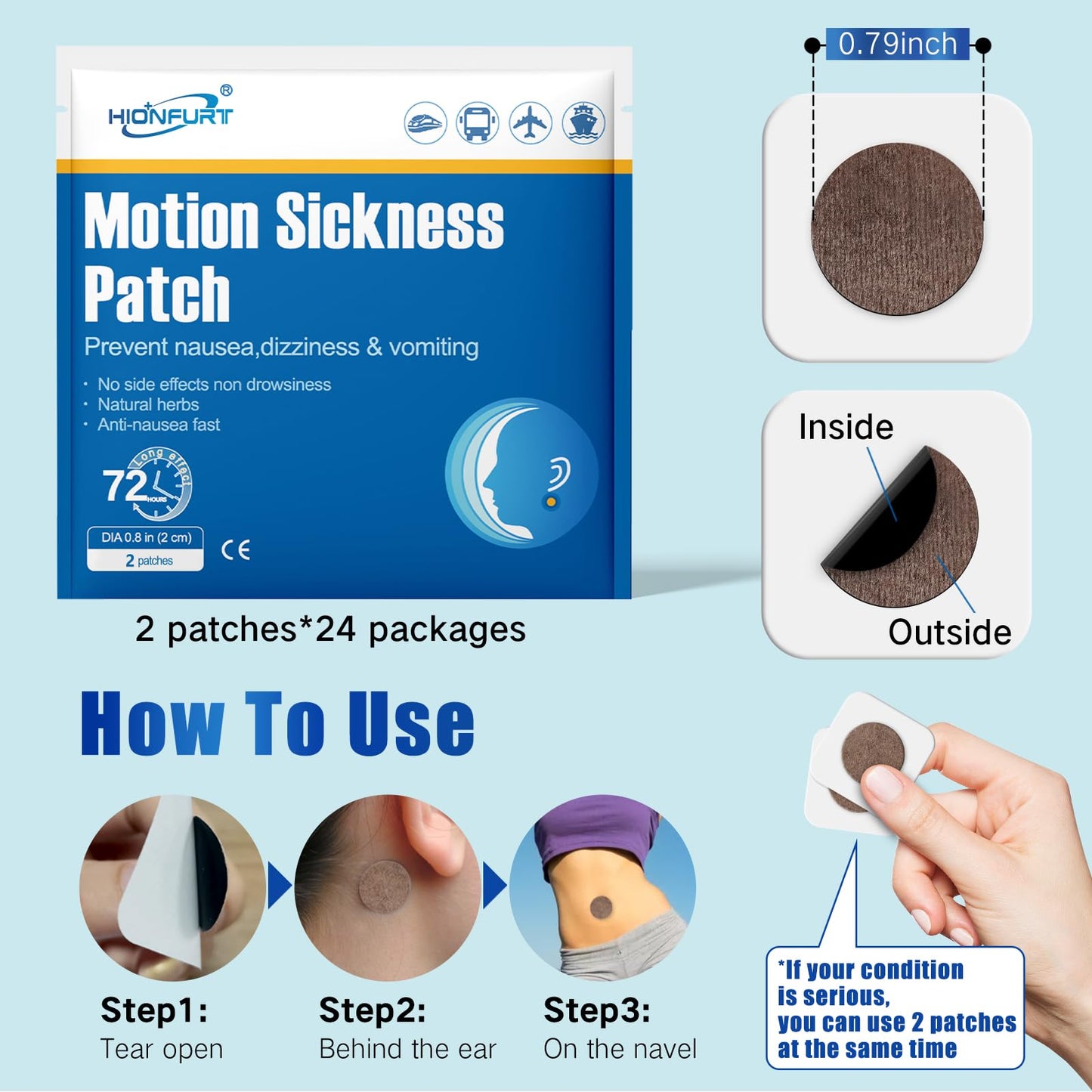 Hionfurt 48ct Motion Sickness Patches – Non-Drowsy, 72-Hour Travel Relief