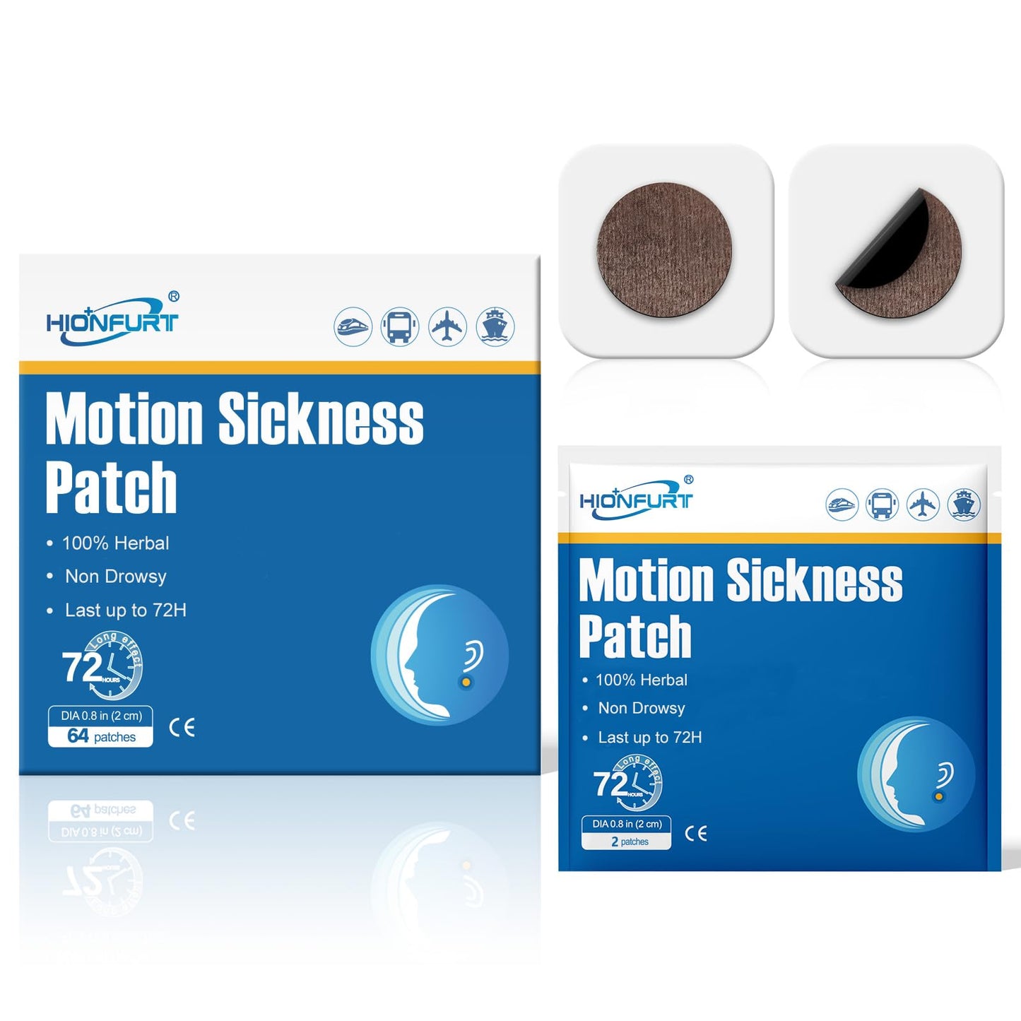 Hionfurt 64ct Motion Sickness Patches – Non-Drowsy Travel Sea Sickness Patches, 72-Hour Wear