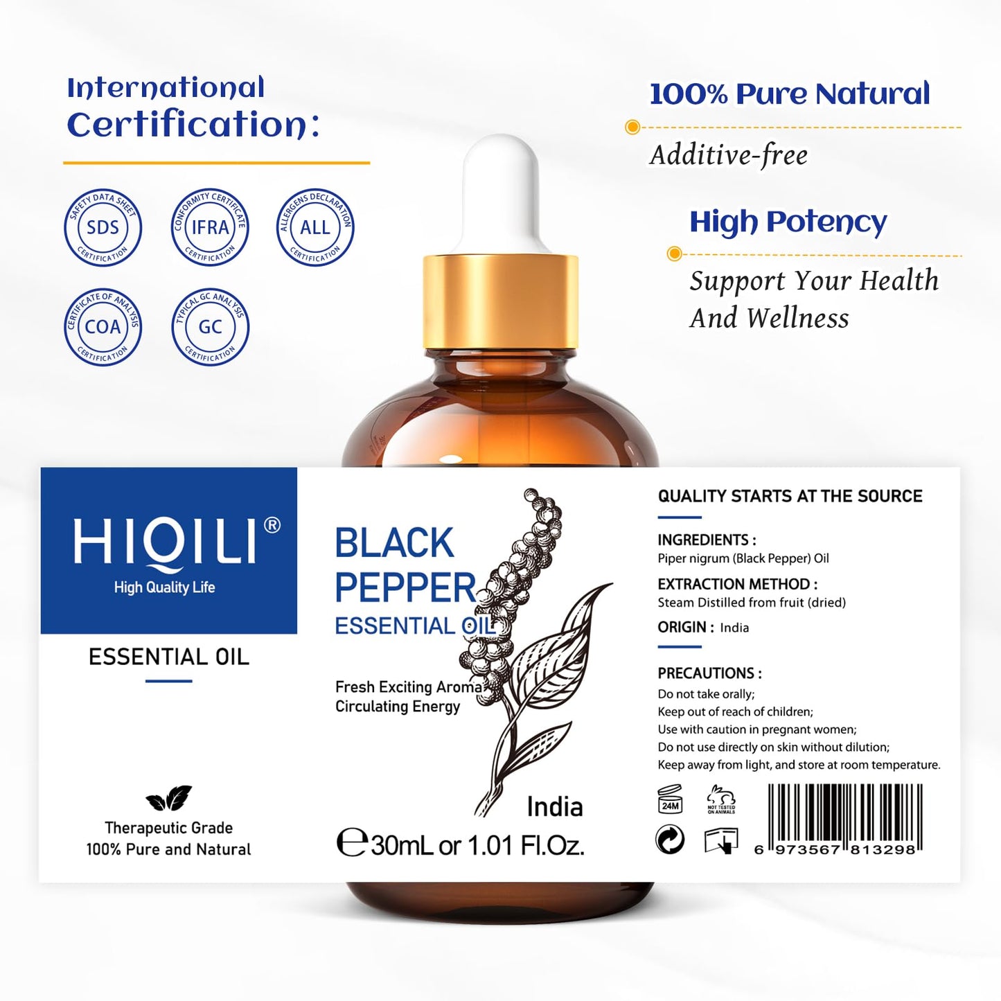 HIQILI 1 oz Black Pepper Essential Oil – 100% Pure for Aromatherapy (30 ml)