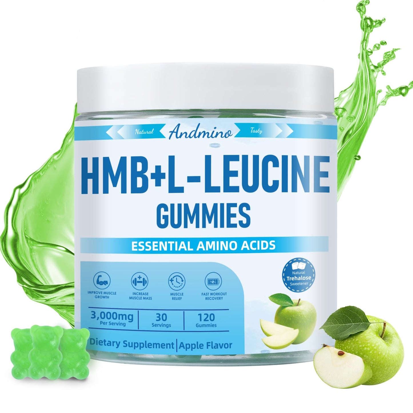 HMB & L-Leucine Gummies 3000mg – Apple Flavor, Muscle Growth & Recovery (Vegan, Gluten Free, Non-GMO)