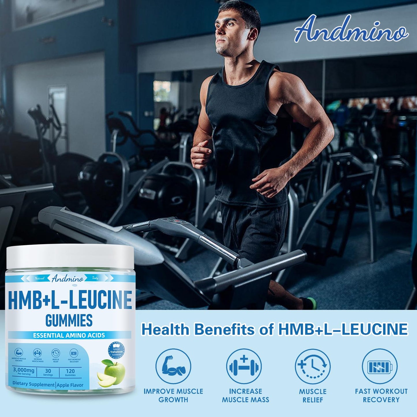 HMB & L-Leucine Gummies 3000mg – Apple Flavor, Muscle Growth & Recovery (Vegan, Gluten Free, Non-GMO)