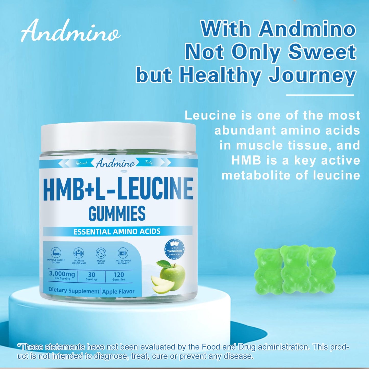 HMB & L-Leucine Gummies 3000mg – Apple Flavor, Muscle Growth & Recovery (Vegan, Gluten Free, Non-GMO)