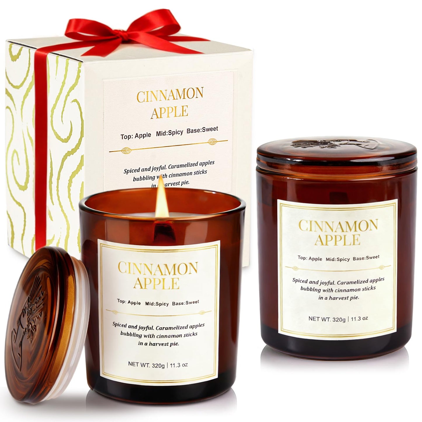 Holiday Candle Gift Set – 2-Pack Cinnamon Apple Wood Wick Soy Candles | Gift Boxes