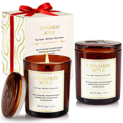 Holiday Candle Gift Set – 2-Pack Cinnamon Apple Wood Wick Soy Candles | Gift Boxes