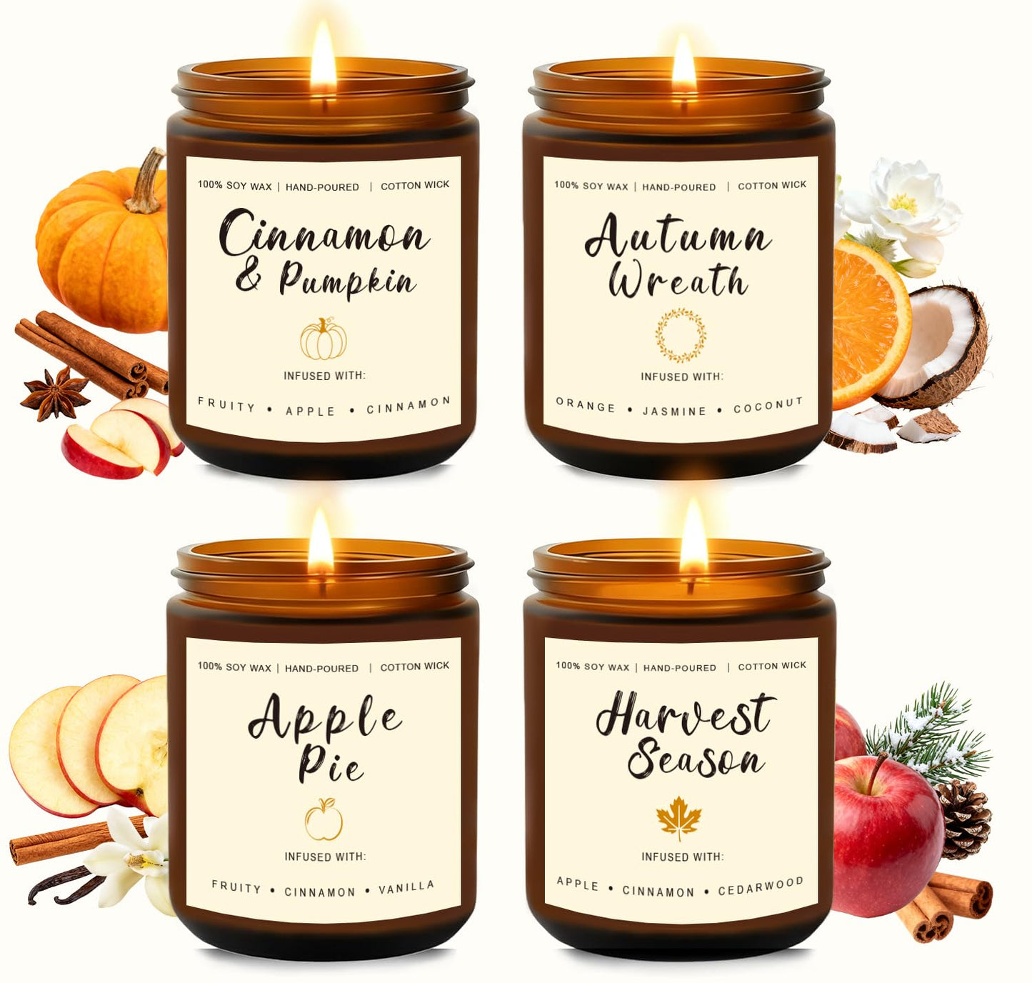 Holiday Candle Gift Set – Cinnamon Pumpkin, Apple Vanilla, Orange Jasmine & Cedarwood Spice | Long-Lasting Soy Candles